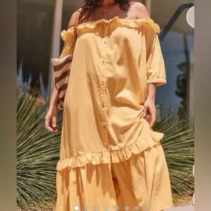 Anthropologie yellow gold off the shoulder, flowy free, button front dress 3X